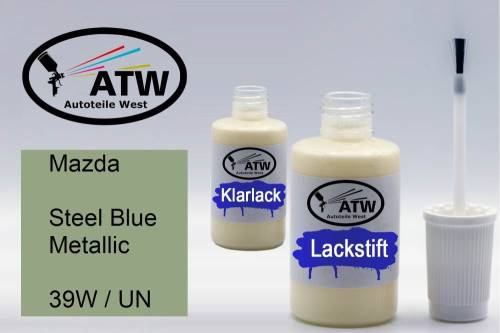 Mazda, Steel Blue Metallic, 39W / UN: 20ml Lackstift + 20ml Klarlack - Set, von ATW Autoteile West.